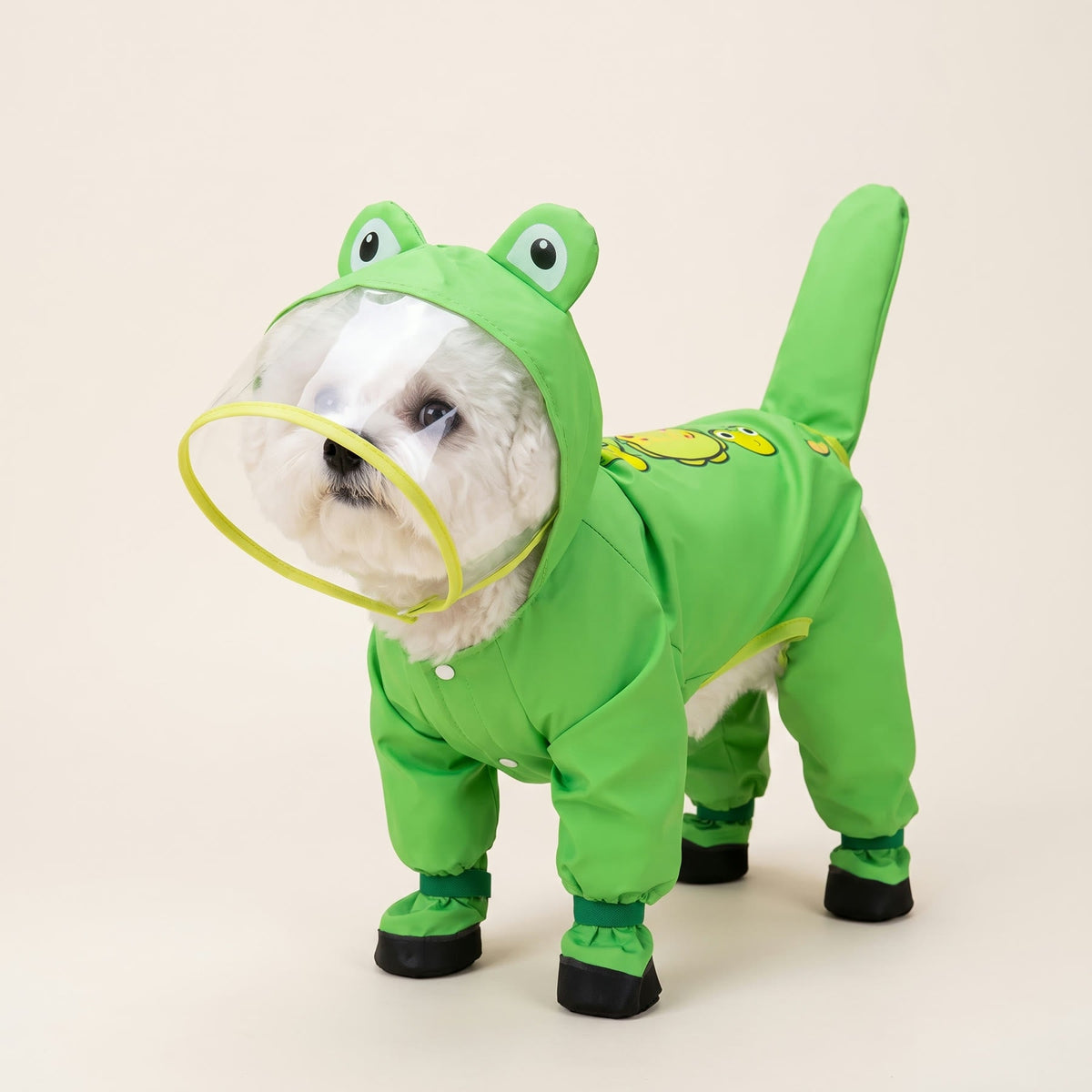 Frog design dog raincoat with clear visor