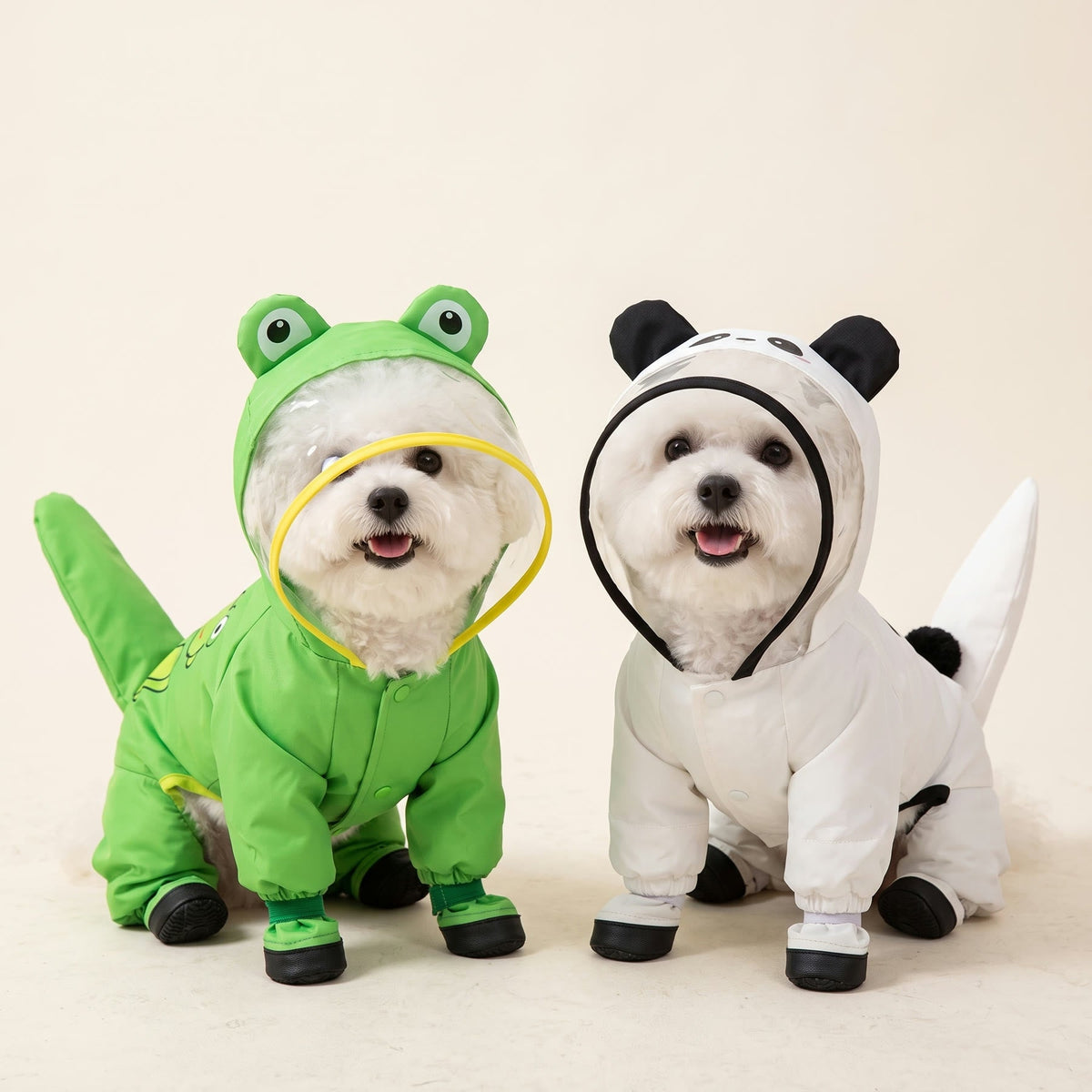 Frog and Panda dog raincoats side by side