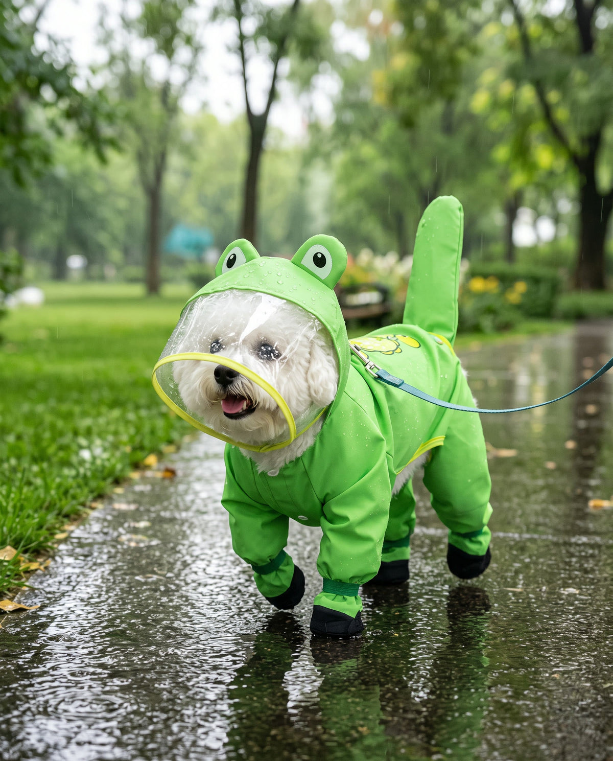 Dog in the Frog raincoat on a rainy park path