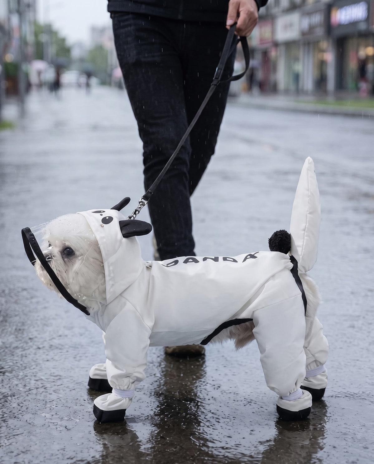 Dog in the Panda raincoat on a wet city street